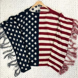 American Flag Print Oversized Fringe Trim Poncho